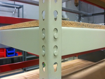Double Rivet racking example: Notice the two rivets that fit easily into the pre-made slots of the uprights. This configuration holds more weight, but at a price.